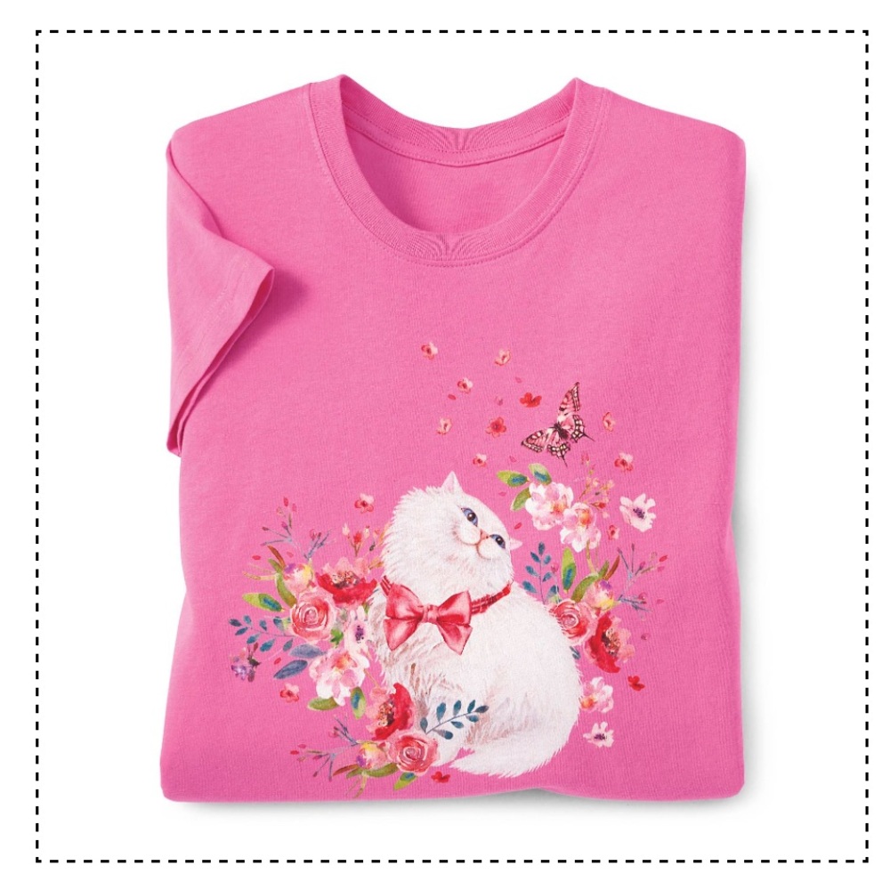 AZALEA SITTING KITTY WOMEN PRINTED TEE SHORT SLEEVE CAUSAL COTTON PINK L